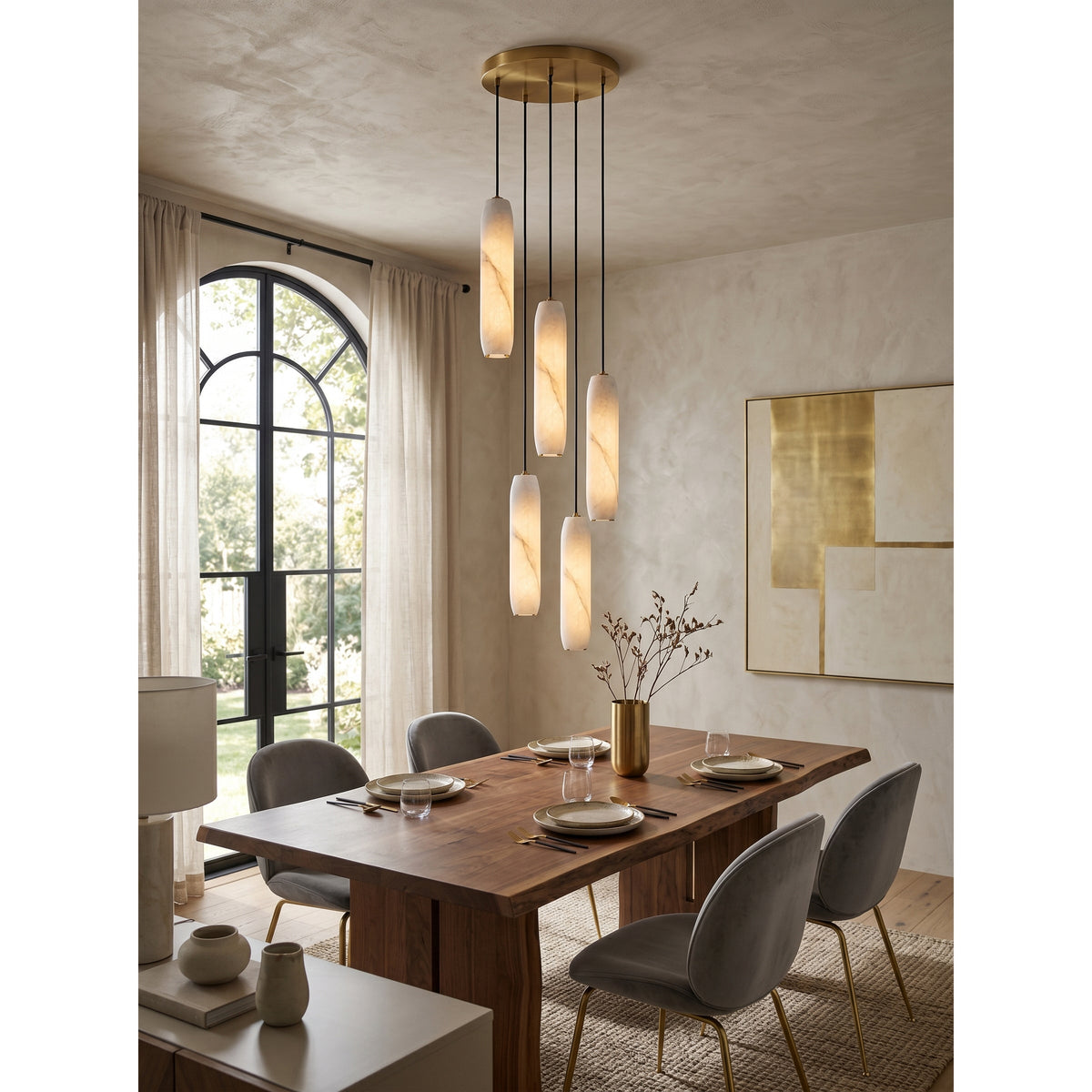 Flute Alabaster Chandelier - 2 headsBrass & Whitecasivra