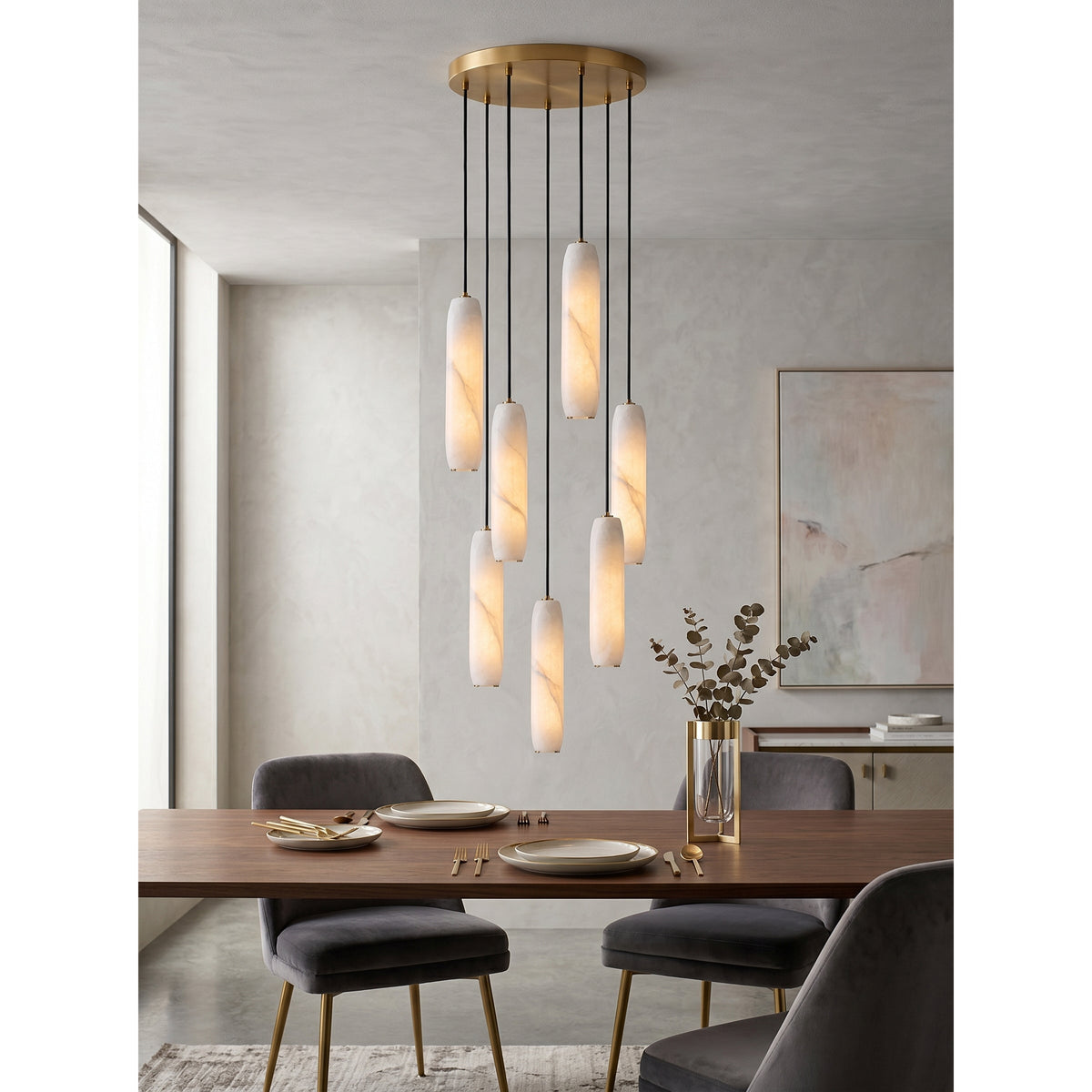 Flute Alabaster Chandelier - 2 headsBrass & Whitecasivra