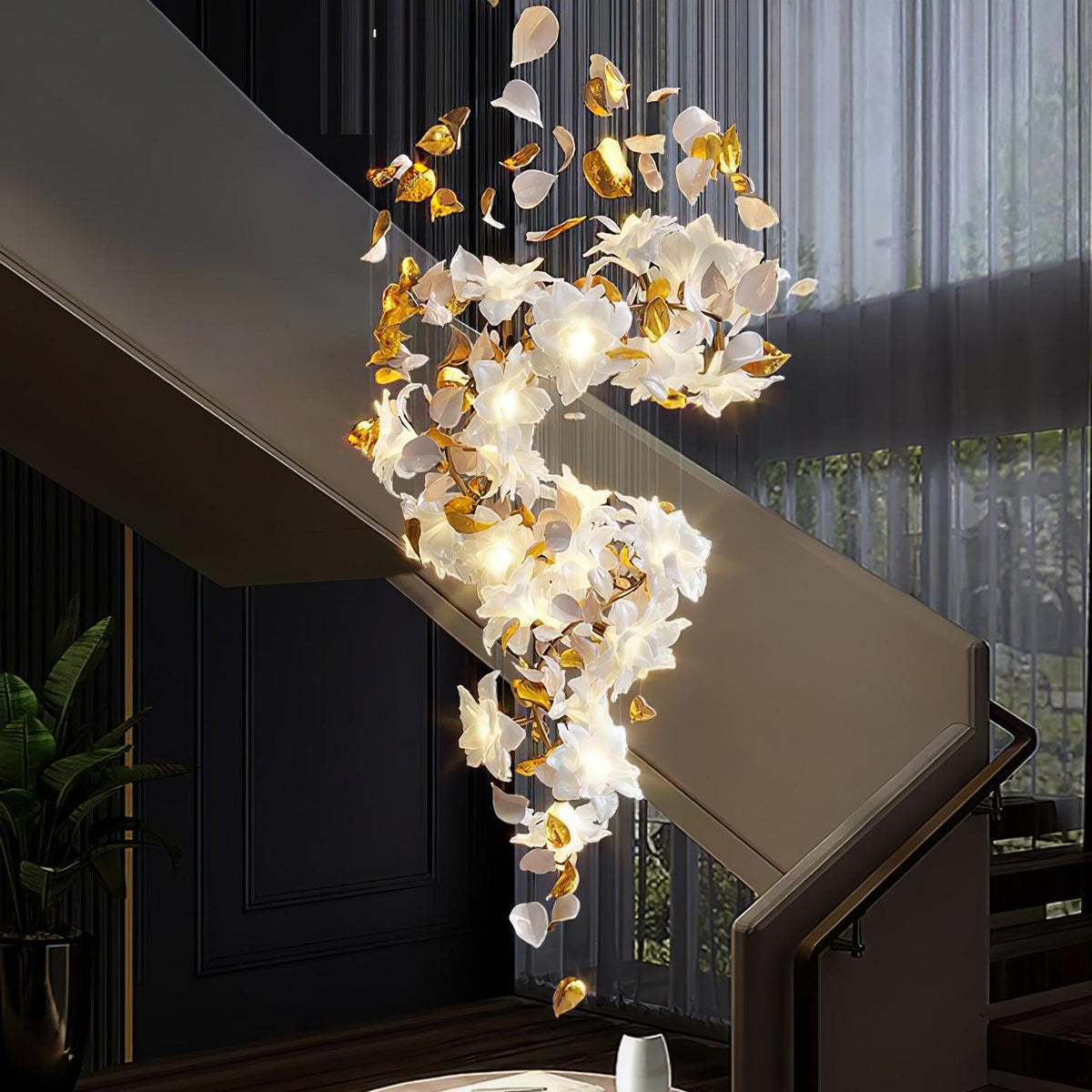 Flying Flowers Fluttering Chandelier - Model A ∅ 31.5″ x H 70.1″ / Dia 80cm x H 180cmBrass & Whitecasivra