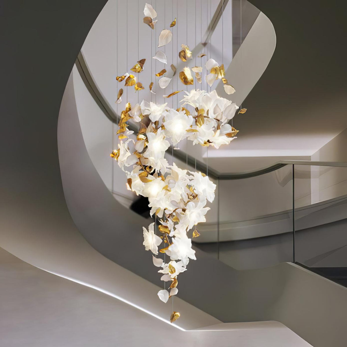 Flying Flowers Fluttering Chandelier - Model A ∅ 31.5″ x H 70.1″ / Dia 80cm x H 180cmBrass & Whitecasivra