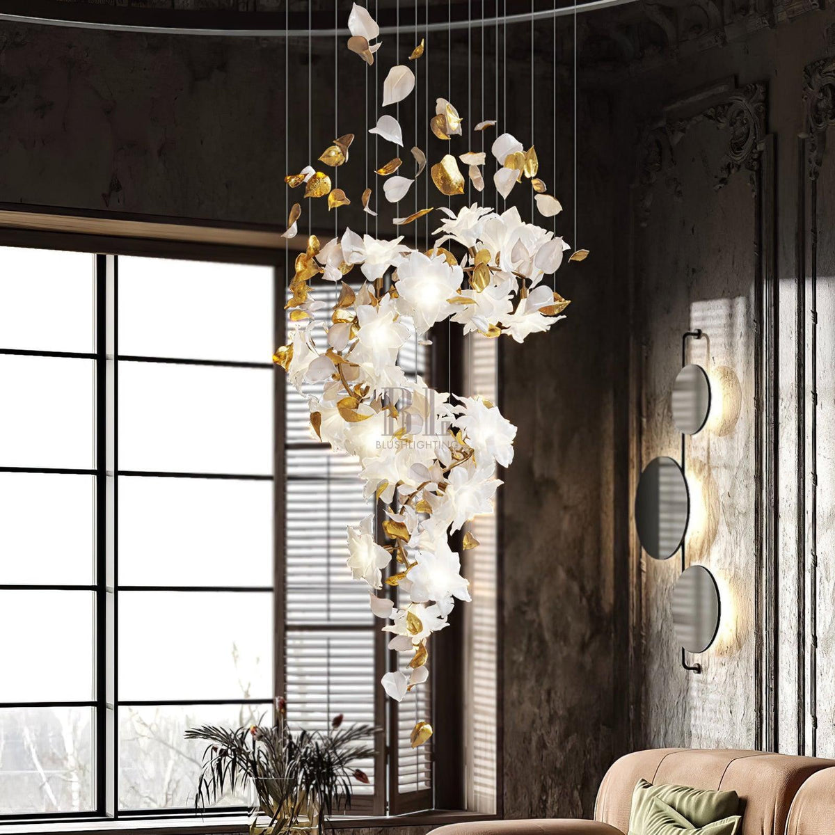 Flying Flowers Fluttering Chandelier - Model A ∅ 31.5″ x H 70.1″ / Dia 80cm x H 180cmBrass & Whitecasivra