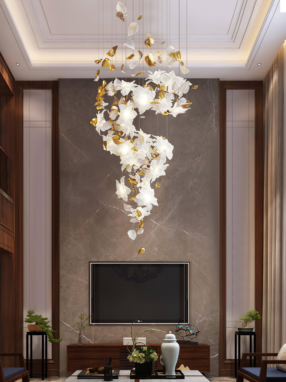 Flying Flowers Fluttering Chandelier - Model A ∅ 31.5″ x H 70.1″ / Dia 80cm x H 180cmBrass & Whitecasivra