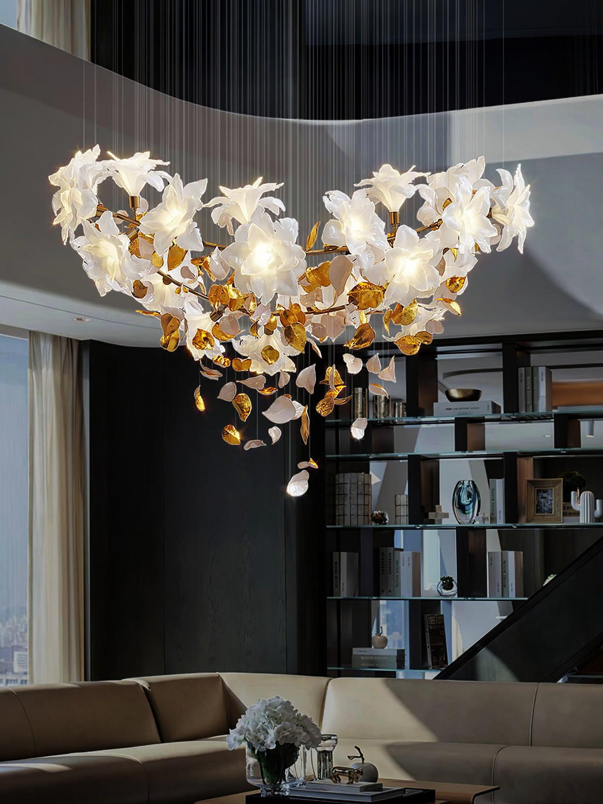 Flying Flowers Fluttering Chandelier - Model A ∅ 31.5″ x H 70.1″ / Dia 80cm x H 180cmBrass & Whitecasivra