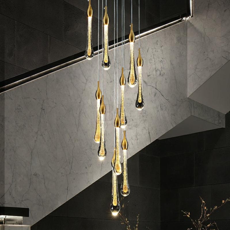 Foyer Glass Drops Pendant Chandelier Spiral Staircase High Ceiling Light Fixture In Gold Finish - 12 Lights/ D15.8"*H118.1"L15.75"casivra