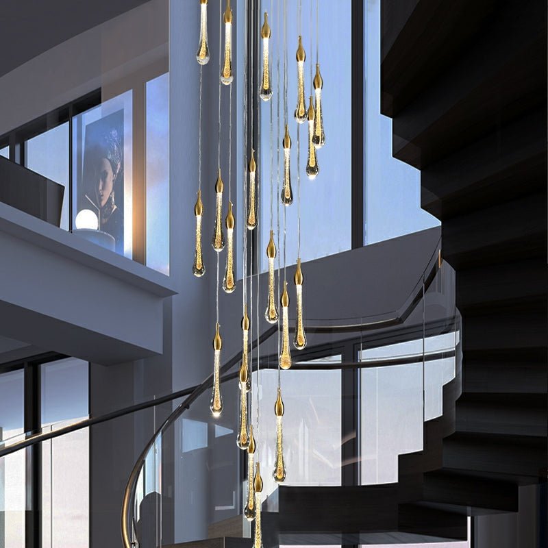 Foyer Glass Drops Pendant Chandelier Spiral Staircase High Ceiling Light Fixture In Gold Finish - 12 Lights/ D15.8"*H118.1"L15.75"casivra
