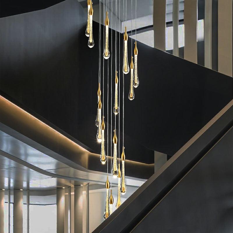 Foyer Glass Drops Pendant Chandelier Spiral Staircase High Ceiling Light Fixture In Gold Finish - 12 Lights/ D15.8"*H118.1"L15.75"casivra