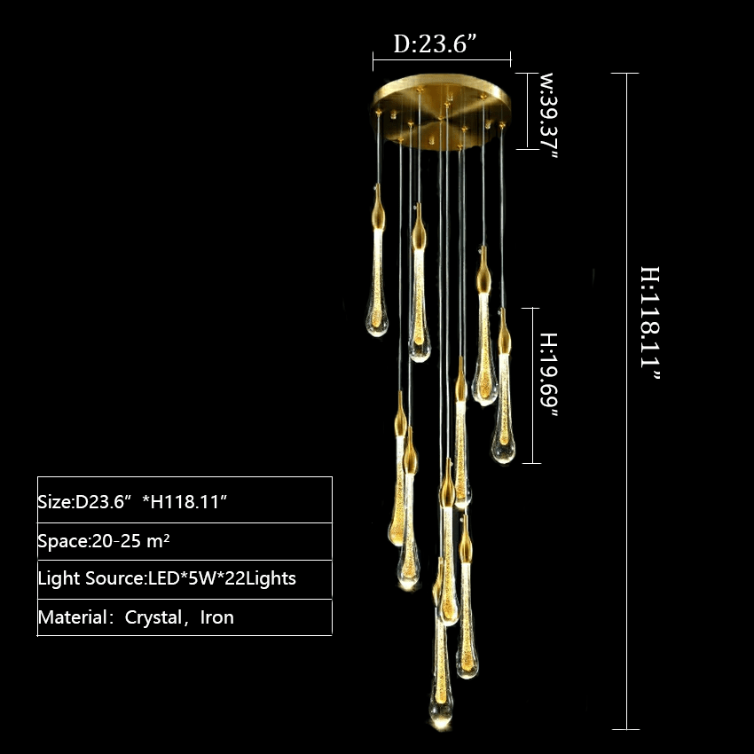 Foyer Glass Drops Pendant Chandelier Spiral Staircase High Ceiling Light Fixture In Gold Finish - 22 Lights/ D23.6"*H118.1"L15.75"casivra