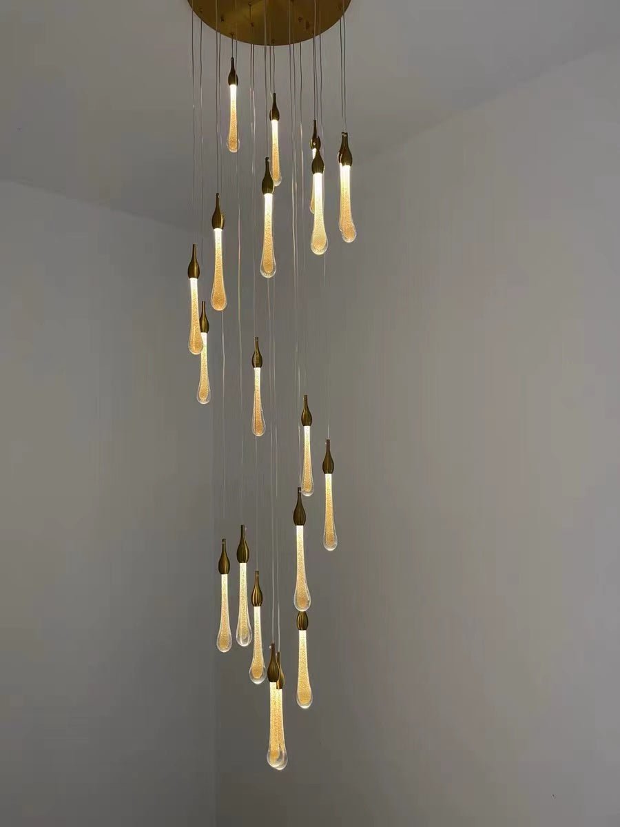 Foyer Glass Drops Pendant Chandelier Spiral Staircase High Ceiling Light Fixture In Gold Finish - 12 Lights/ D15.8"*H118.1"L15.75"casivra