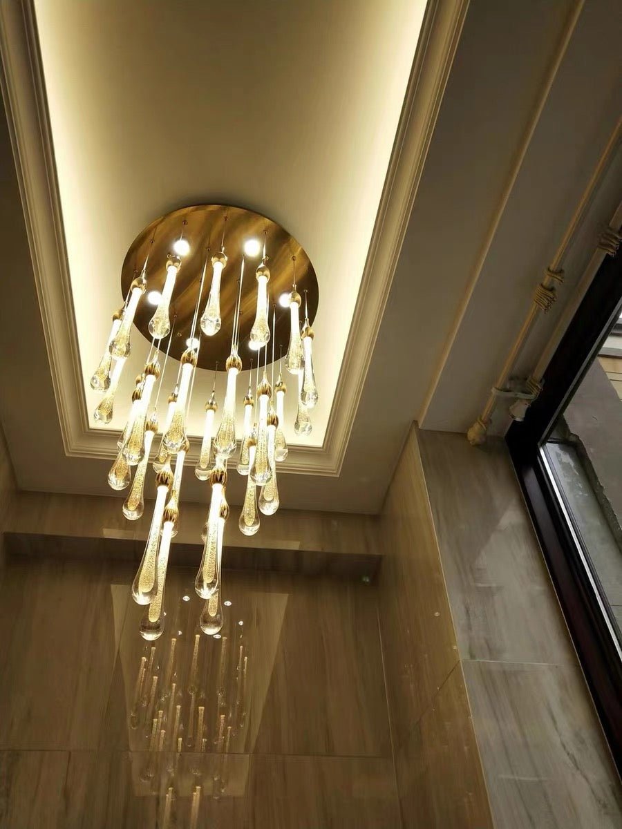 Foyer Glass Drops Pendant Chandelier Spiral Staircase High Ceiling Light Fixture In Gold Finish - 48 Lights/ D39.4"*H118.1"L15.75"casivra