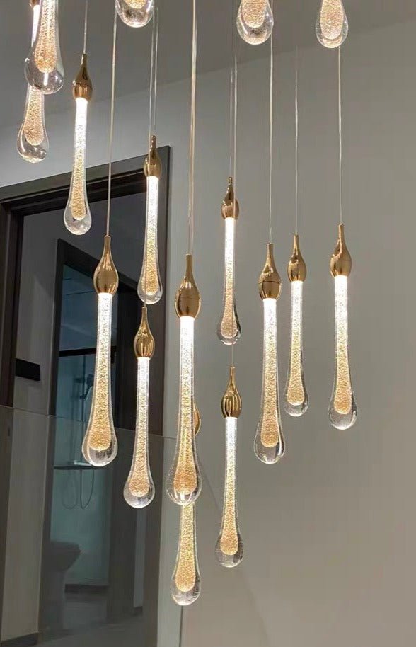 Foyer Glass Drops Pendant Chandelier Spiral Staircase High Ceiling Light Fixture In Gold Finish - 48 Lights/ D39.4"*H118.1"L15.75"casivra
