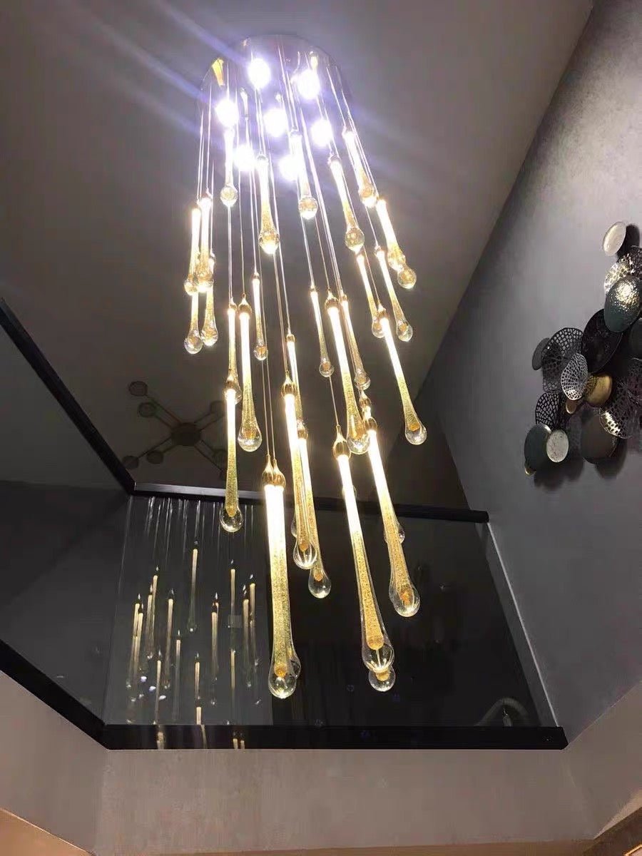 Foyer Glass Drops Pendant Chandelier Spiral Staircase High Ceiling Light Fixture In Gold Finish - 48 Lights/ D39.4"*H118.1"L15.75"casivra