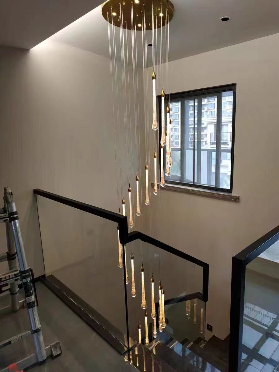 Foyer Glass Drops Pendant Chandelier Spiral Staircase High Ceiling Light Fixture In Gold Finish - 12 Lights/ D15.8"*H118.1"L15.75"casivra
