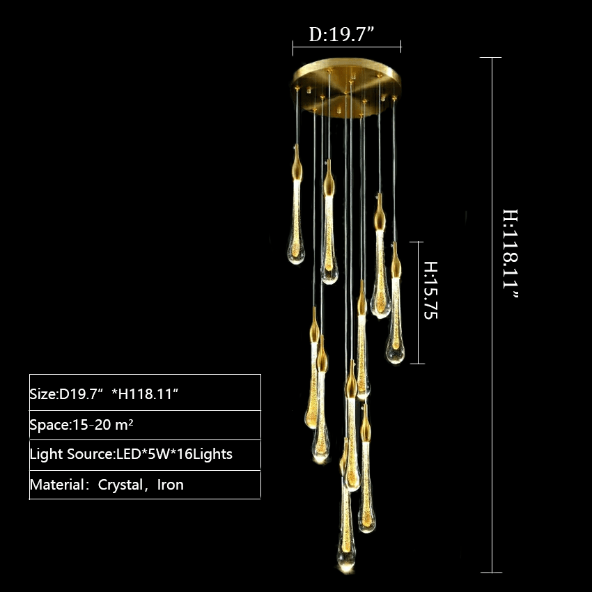Foyer Glass Drops Pendant Chandelier Spiral Staircase High Ceiling Light Fixture In Gold Finish - 16 Lights/ D19.7"*H118.1"L15.75"casivra