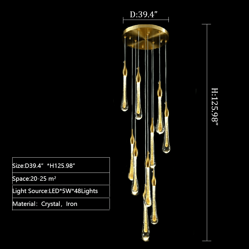 Foyer Glass Drops Pendant Chandelier Spiral Staircase High Ceiling Light Fixture In Gold Finish - 48 Lights/ D39.4"*H118.1"L15.75"casivra