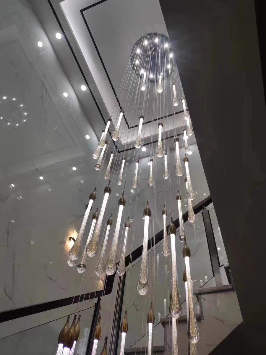 Foyer Glass Drops Pendant Chandelier Spiral Staircase High Ceiling Light Fixture In Gold Finish - 48 Lights/ D39.4"*H118.1"L15.75"casivra