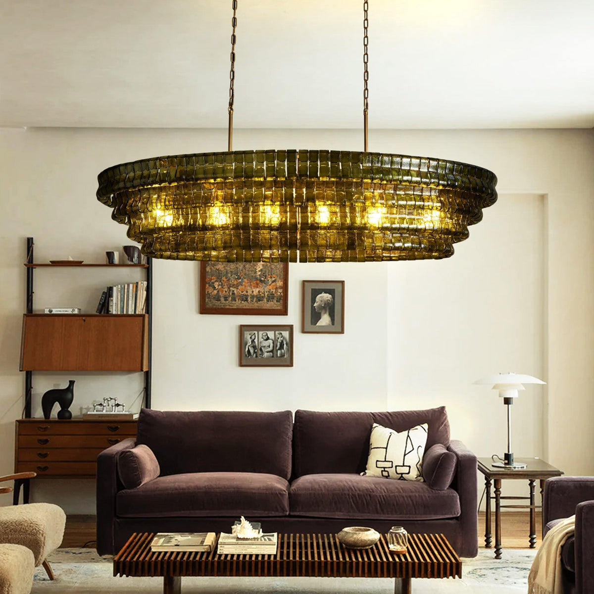 Grigio Glass Oval Chandelier 54''65'' in brass by Blush Lighting