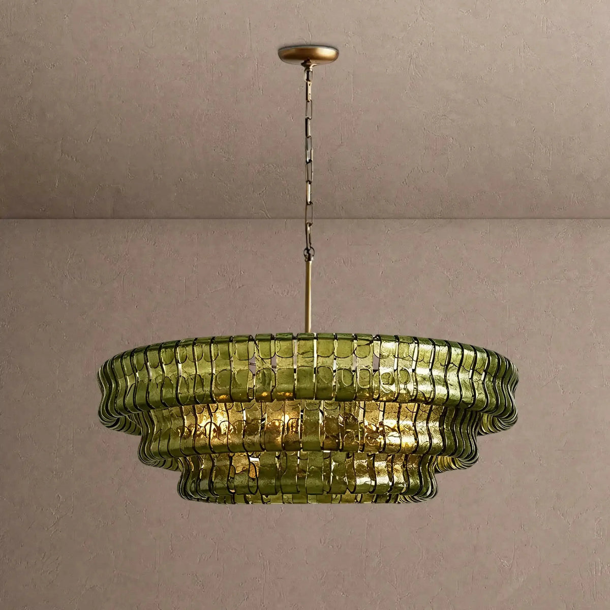 Grigio Glass Round Chandelier 24" 36" 48" 60" - 3-Tier 24"BrassGreencasivra