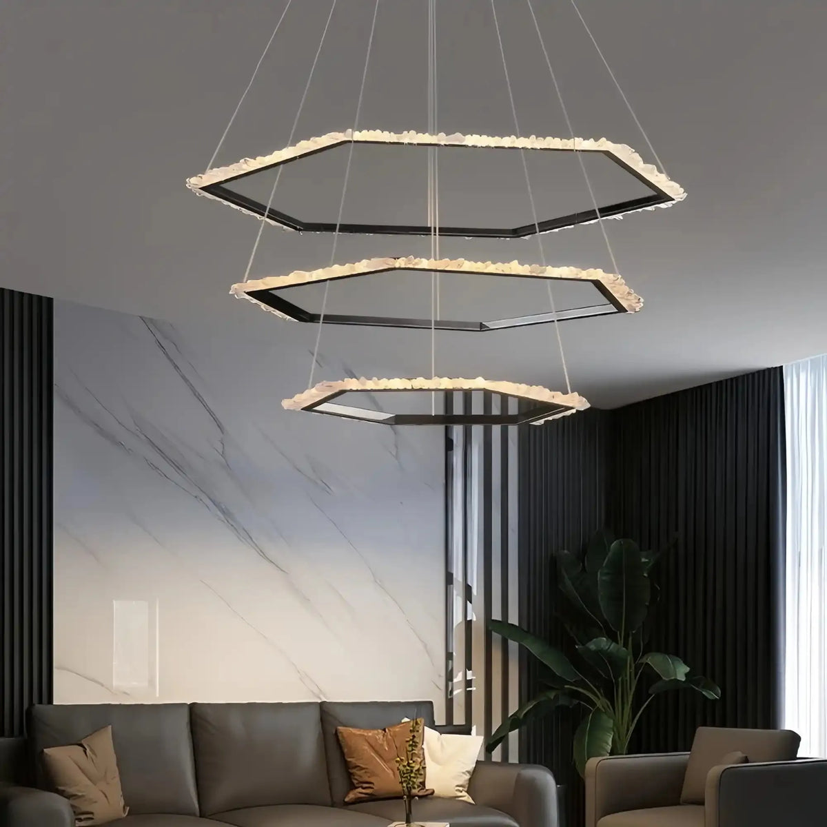 Gina Hexagonal Rock Crystal Black Ring Chandelier - Style Ccasivra