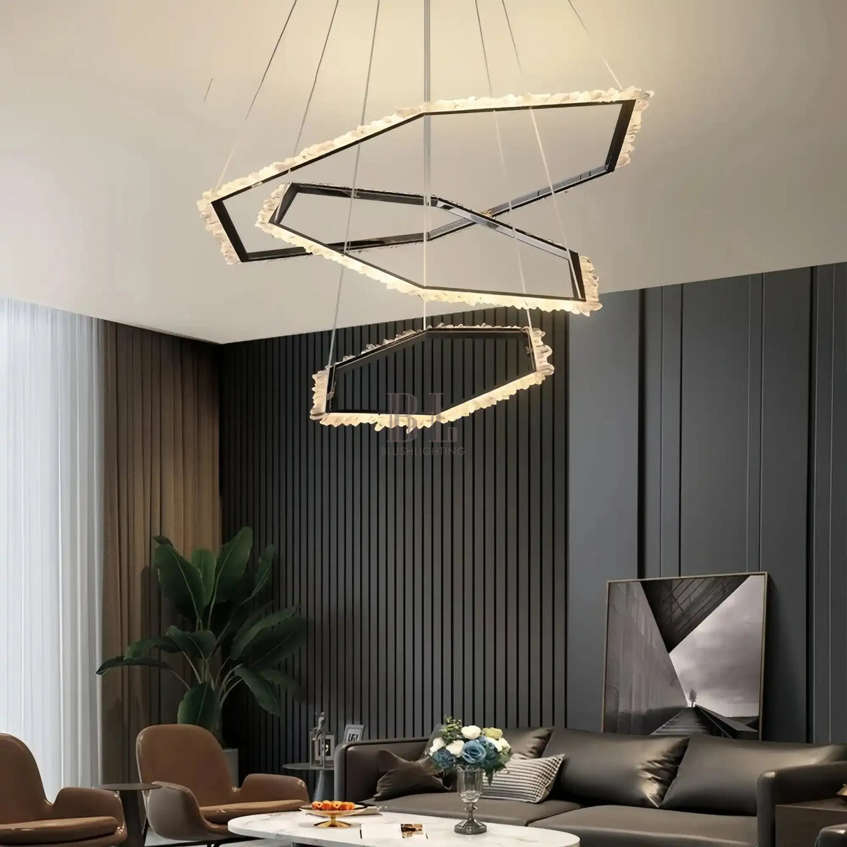 Gina Hexagonal Rock Crystal Black Ring Chandelier - Style Ccasivra