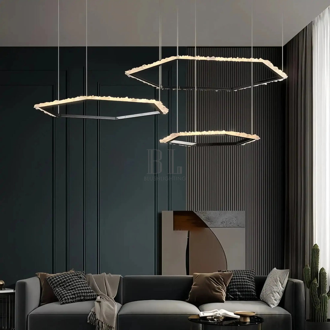 Gina Hexagonal Rock Crystal Black Ring Chandelier - Style Acasivra
