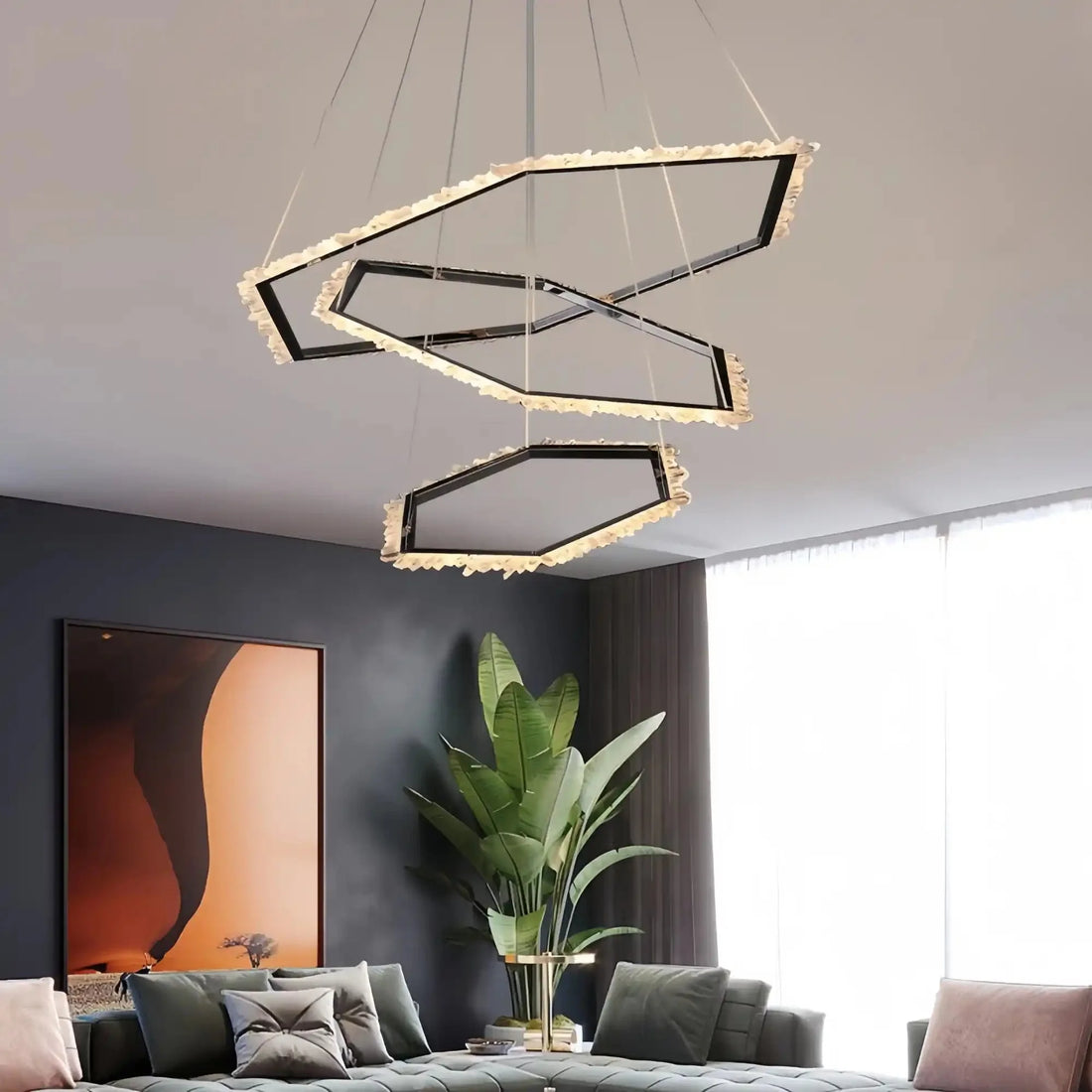 Gina Hexagonal Rock Crystal Black Ring Chandelier - Style Acasivra