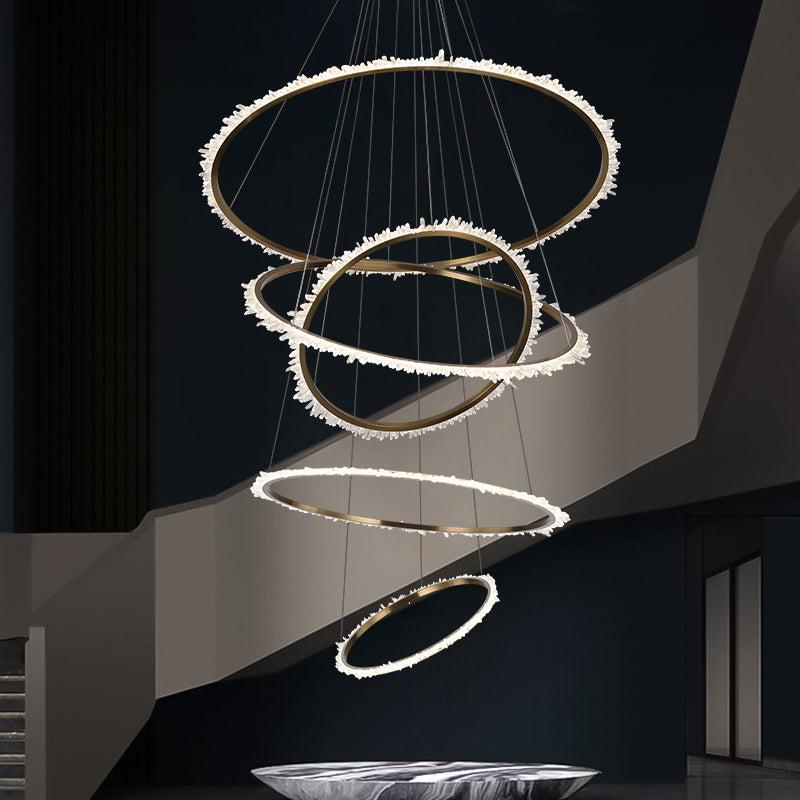 Gina Rock Crystal Multi Rings Chandelier For Staircase - 5 Rings: 15.7"D + 23.6"D + 31.5"D + 39.4"D + 59"Dcasivra