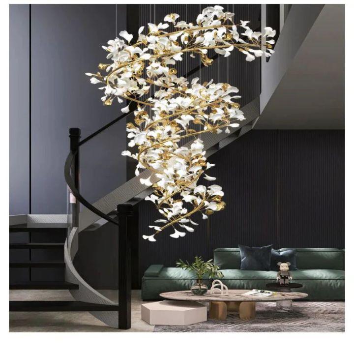 Ginkgo Cascading B (Spiral) Branch Chandelier - White + gold accentsH150CM (H59")casivra