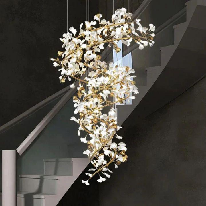 Ginkgo Cascading B (Spiral) Branch Chandelier - White + gold accentsH150CM (H59")casivra