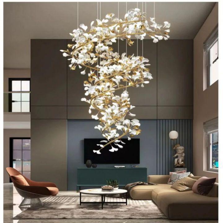Ginkgo Cascading B (Spiral) Branch Chandelier - White + gold accentsH150CM (H59")casivra