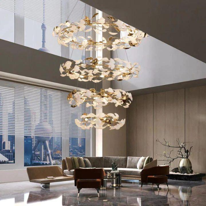 Ginkgo Rings Linear Branch Chandelier - All white leavesD47¼"+D39¼"+ D31½" +D23½"casivra