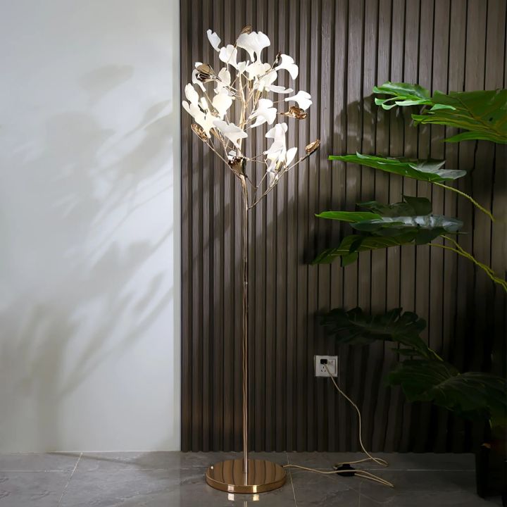 Gliss Gingko Ceramic Leaf Floor Lamp, Modern Stand Lamp - Gold & White Marble Basecasivra