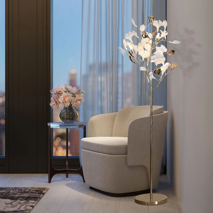 Gliss Gingko Ceramic Leaf Floor Lamp, Modern Stand Lamp - Gold & White Marble Basecasivra