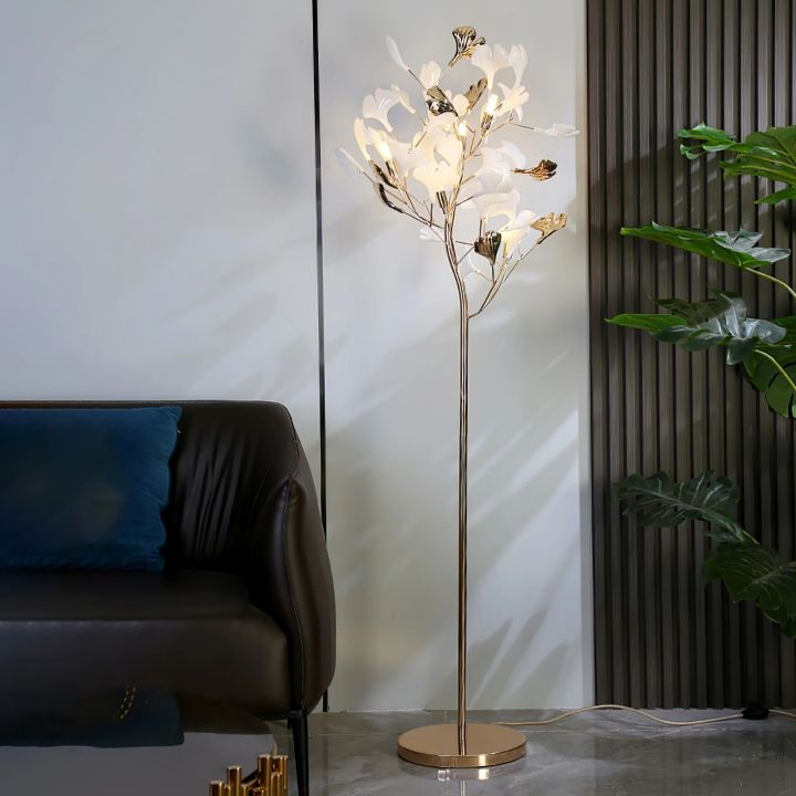 Gliss Gingko Ceramic Leaf Floor Lamp, Modern Stand Lamp - Gold & White Marble Basecasivra