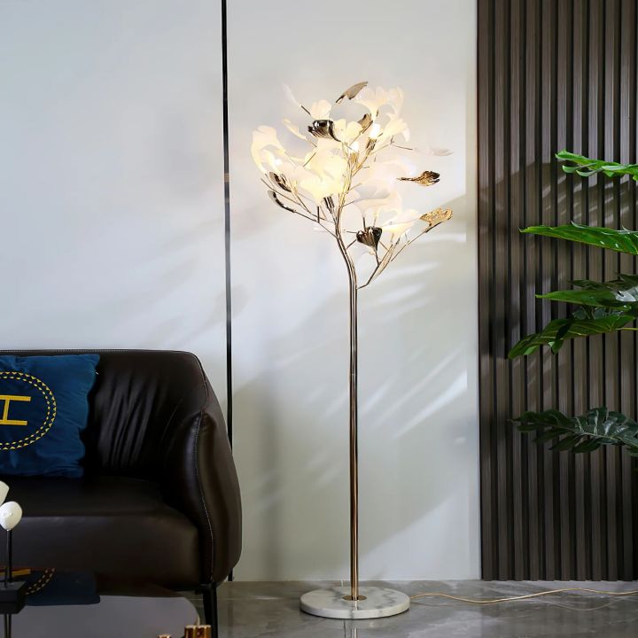 Gliss Gingko Ceramic Leaf Floor Lamp, Modern Stand Lamp - Gold & White Marble Basecasivra
