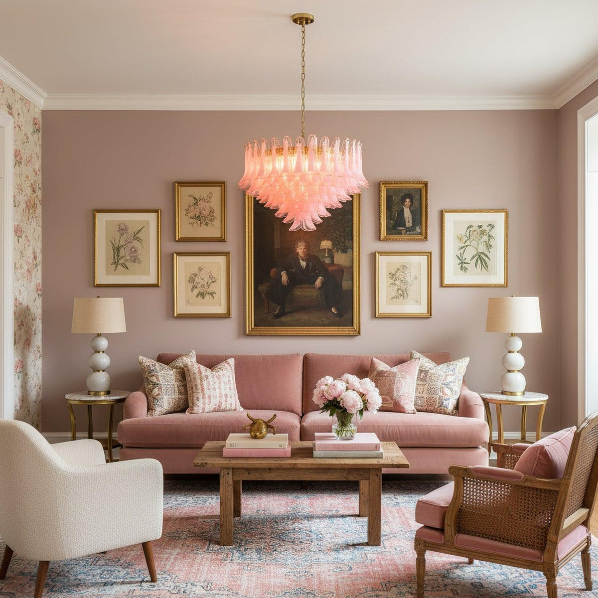 Gold & Pink Barcelona Murano Chandelier with 16 E14 Bulbs-casivra-casivra