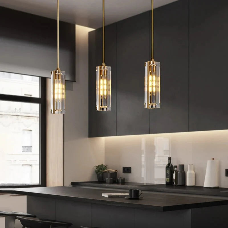 Golden Rectangular Crystal Pendant Lighting - W2.8" X H12"casivra