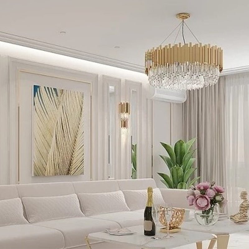 Gold/Silver Round Modern Tiered Metal Crystal Chandelier - Round: 1 Layer D23.6"*H13.8"/9 Lights/27kgGoldWhite Lightcasivra