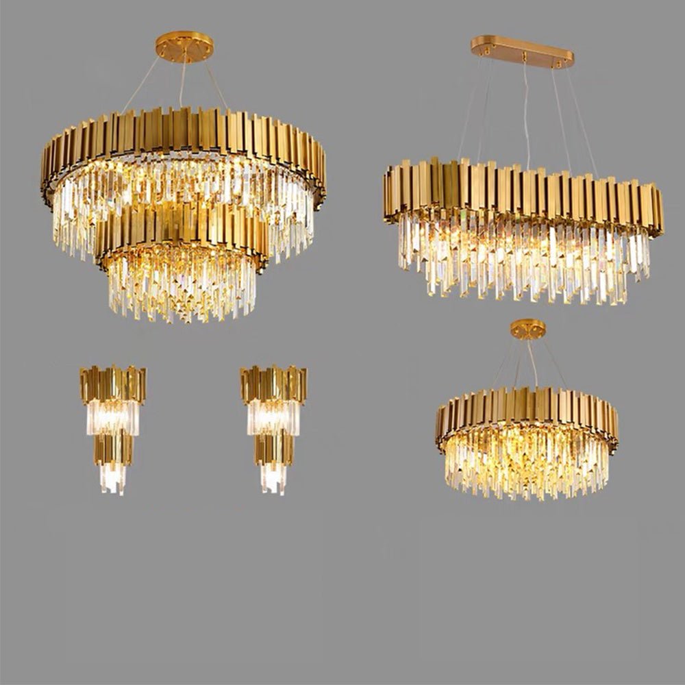 Gold/Silver Round Modern Tiered Metal Crystal Chandelier - Whole Set(Round: 2 Layers D39.4"+Rectangle: L35.5"+2 Layers Wall Light*2+Round: 1 Layer D36.2")GoldWarm Lightcasivra