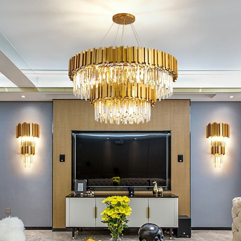 Gold/Silver Round Modern Tiered Metal Crystal Chandelier - Round: 2 Layers D31.5"*H21.6"/15 LightsGoldWarm Lightcasivra