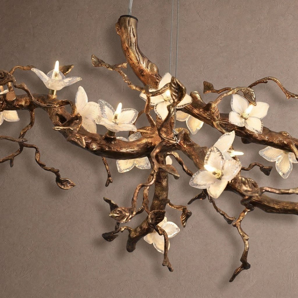 Handcrafted Sculptural Floral Branch Chandelier - ∅ 57.1″ x H 19.7″ x W 17.7″Gold + White + Transparentcasivra