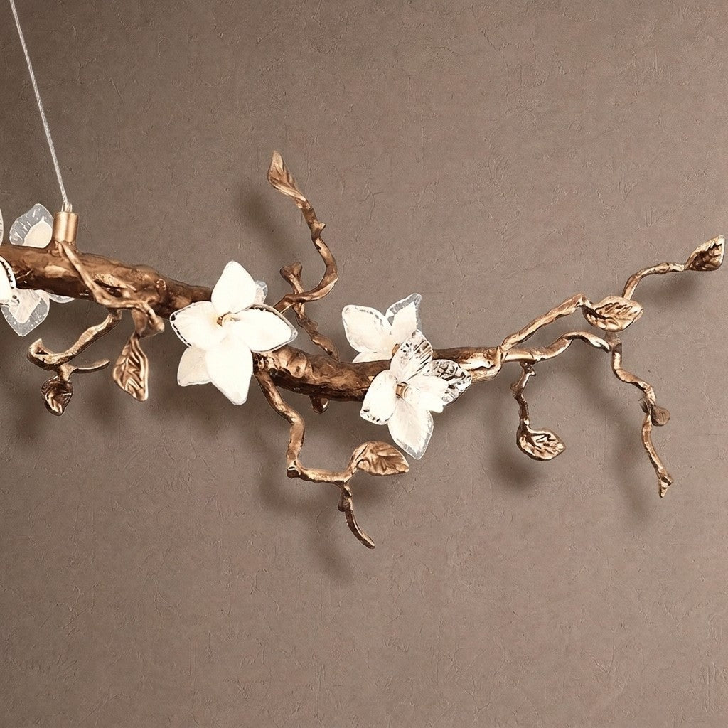 Handcrafted Sculptural Floral Branch Chandelier - ∅ 57.1″ x H 19.7″ x W 17.7″Gold + White + Transparentcasivra