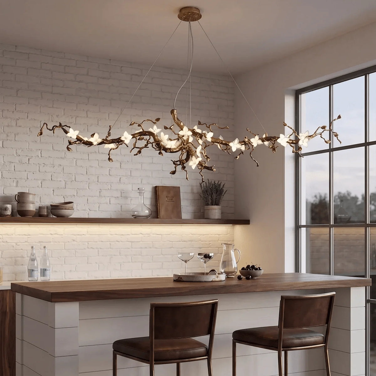 Handcrafted Sculptural Floral Branch Chandelier - ∅ 65″ x H 23.6″ x W 21.7″Gold + White + Transparentcasivra