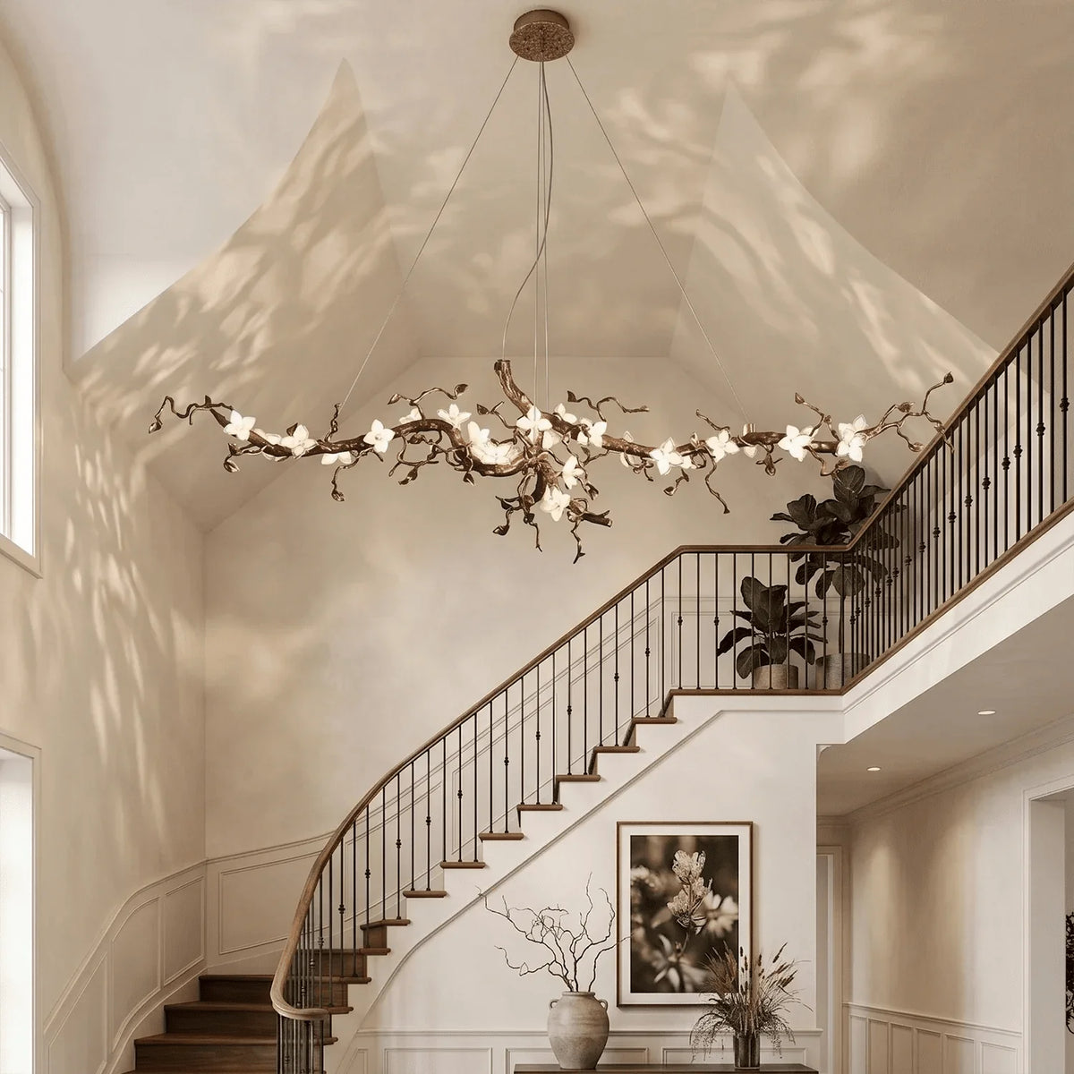 Handcrafted Sculptural Floral Branch Chandelier - ∅ 49.2″ x H 17.7″ x W 15.7″Gold + White + Transparentcasivra