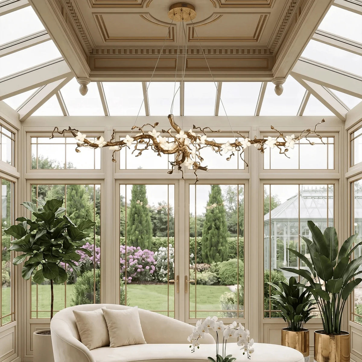Handcrafted Sculptural Floral Branch Chandelier - ∅ 72.8″ x H 27.6″ x W 27.6″Gold + White + Transparentcasivra