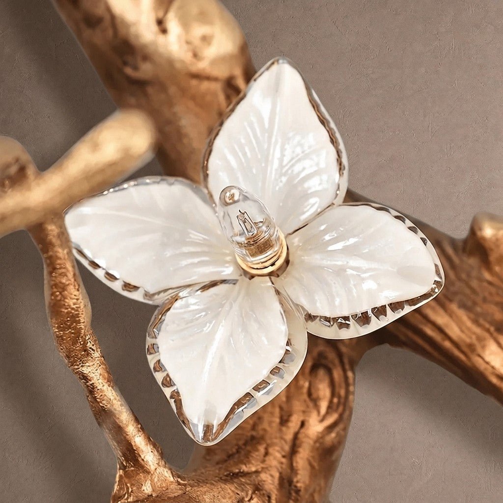Handcrafted Sculptural Floral Branch Chandelier - ∅ 57.1″ x H 19.7″ x W 17.7″Gold + White + Transparentcasivra