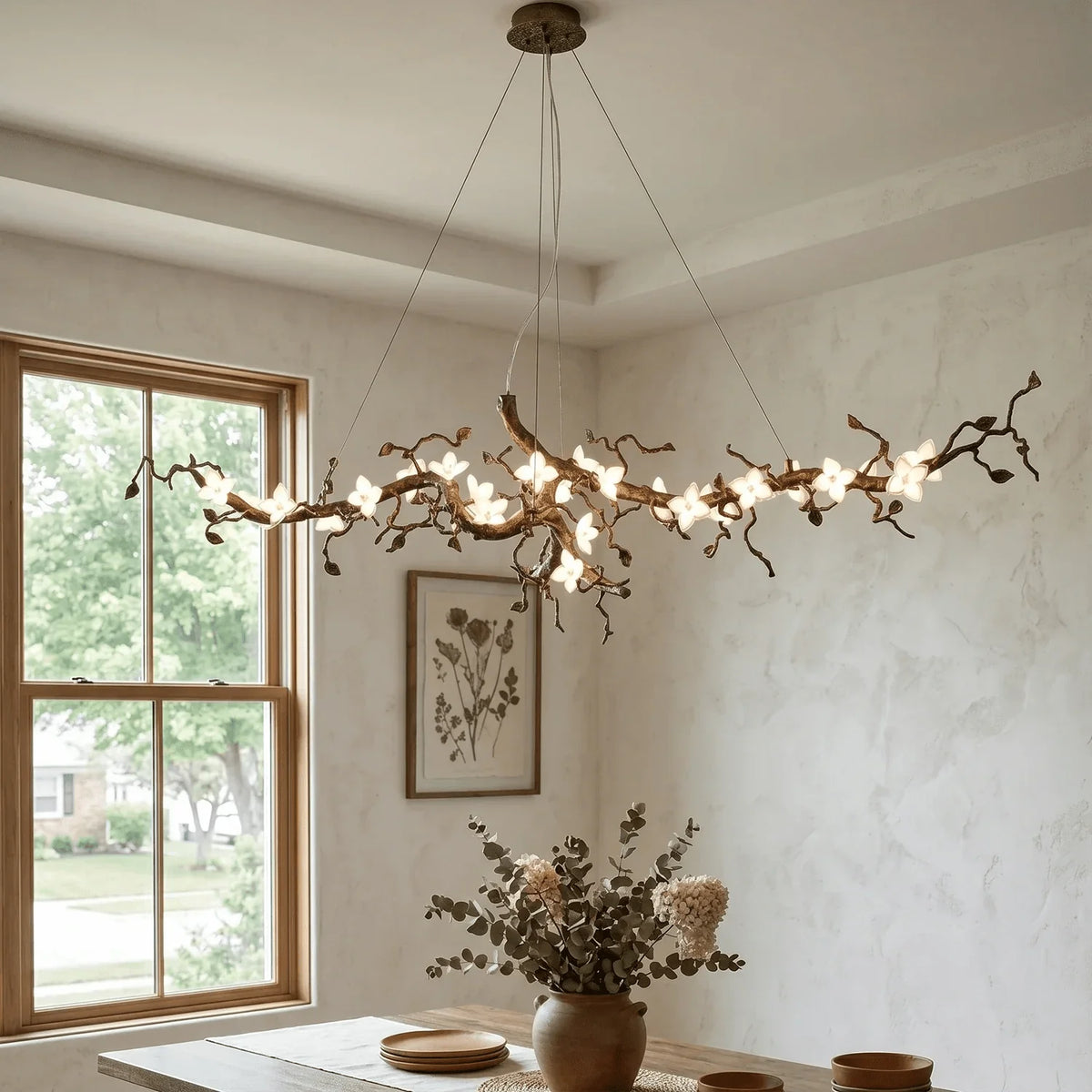 Handcrafted Sculptural Floral Branch Chandelier - ∅ 49.2″ x H 17.7″ x W 15.7″Gold + White + Transparentcasivra
