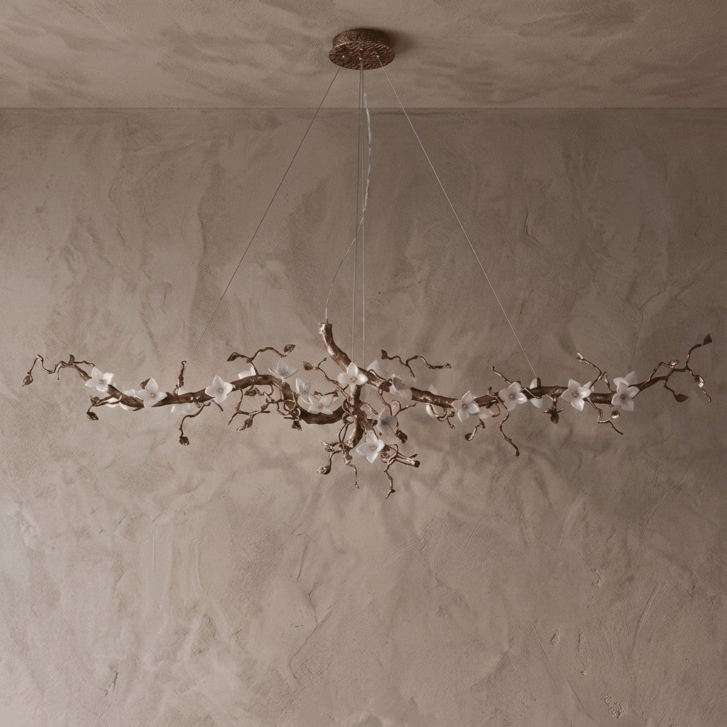Handcrafted Sculptural Floral Branch Chandelier - ∅ 57.1″ x H 19.7″ x W 17.7″Gold + White + Transparentcasivra