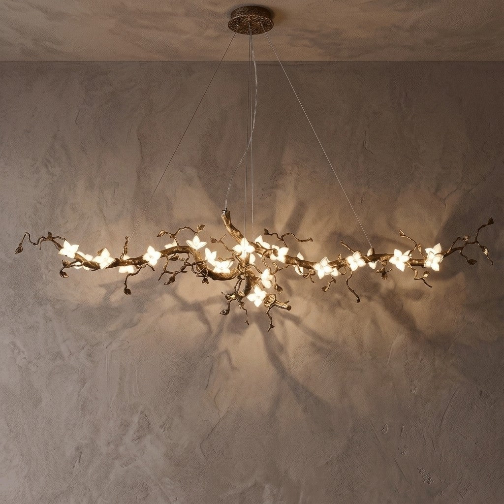 Handcrafted Sculptural Floral Branch Chandelier - ∅ 49.2″ x H 17.7″ x W 15.7″Gold + White + Transparentcasivra