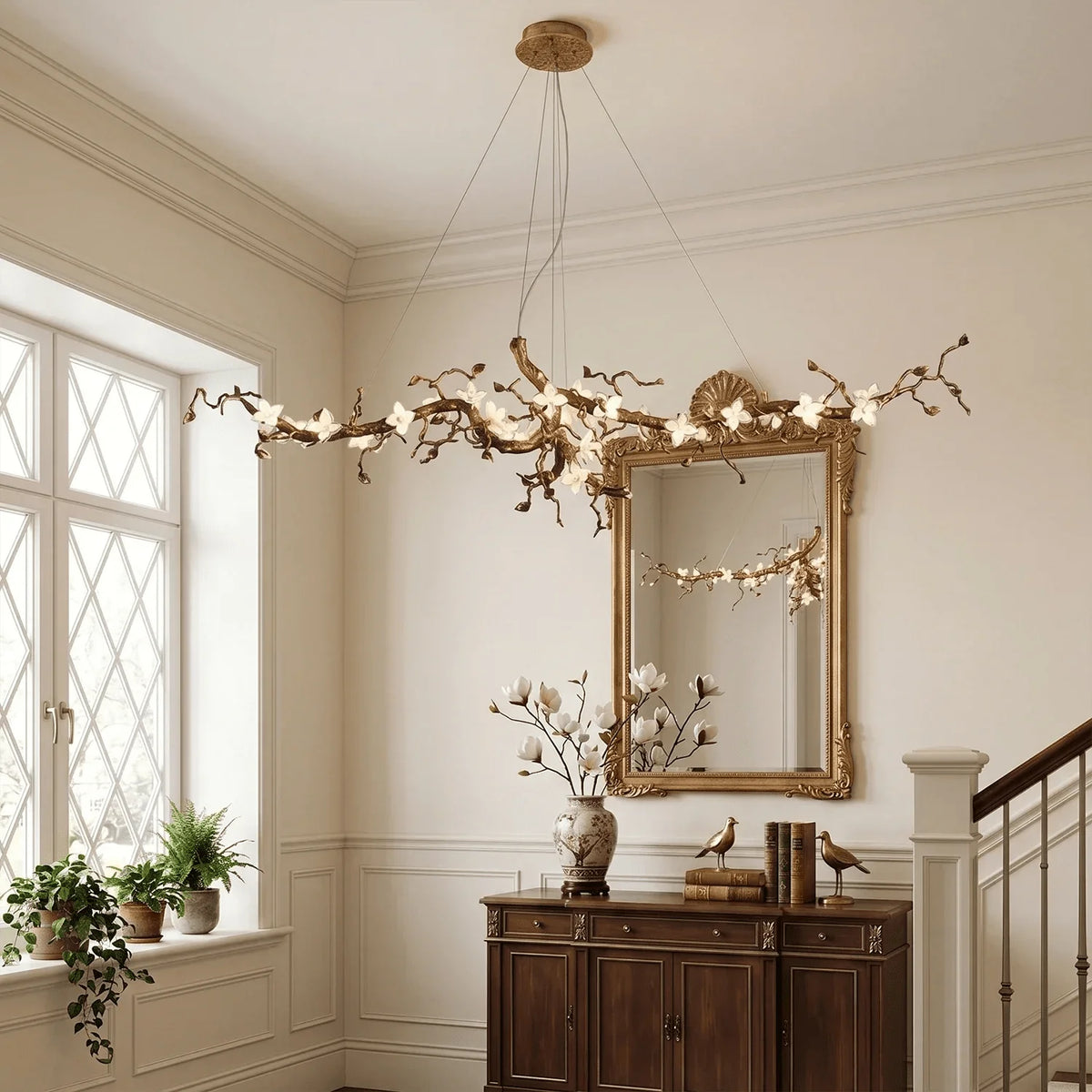 Handcrafted Sculptural Floral Branch Chandelier - ∅ 49.2″ x H 17.7″ x W 15.7″Gold + White + Transparentcasivra
