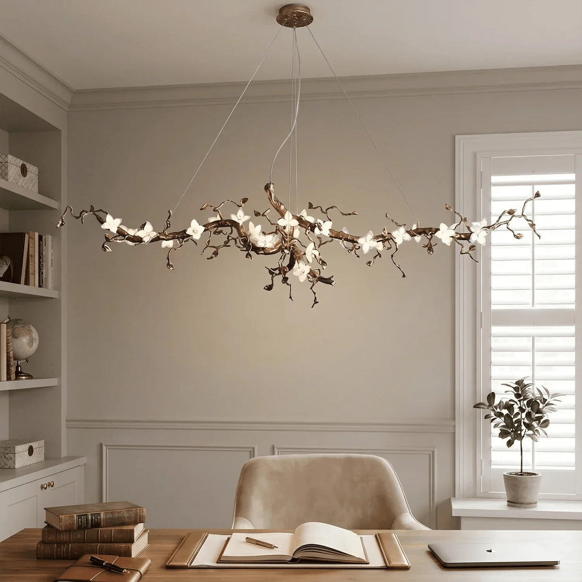 Handcrafted Sculptural Floral Branch Chandelier - ∅ 49.2″ x H 17.7″ x W 15.7″Gold + White + Transparentcasivra